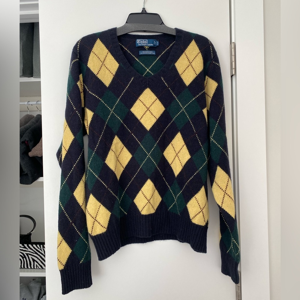 Polo Ralph Lauren V Neck Sweater Merino Wool Angora Rabbit Hair Argyle Golf